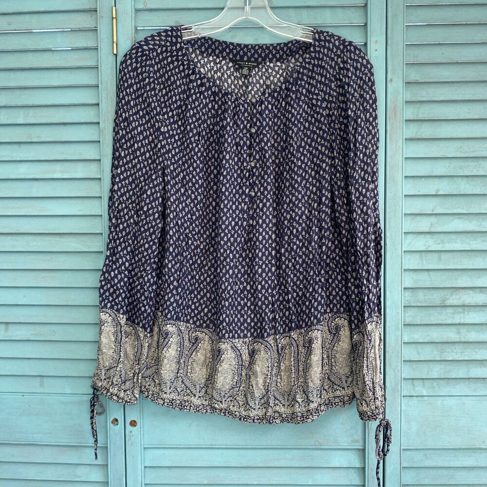Lucky Brand Women's Blouse ~ Sz S ~ Blue & Beige ~ Long Sleeve